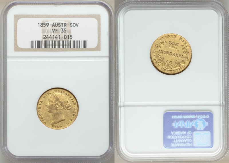 Victoria gold Sovereign 1859-SYDNEY VF35 NGC, Sydney mint, KM4. AGW 0.2353 oz. 
...