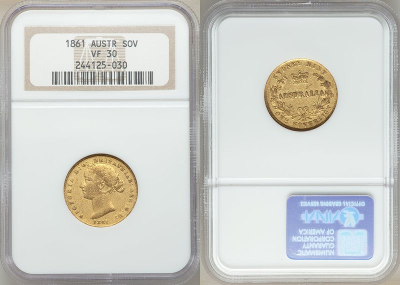 Victoria gold Sovereign 1861-SYDNEY VF30 NGC, Sydney mint, KM4. AGW 0.2353 oz. 
...