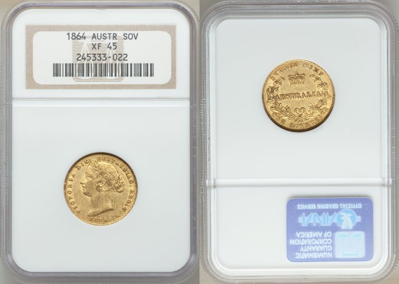 Victoria gold Sovereign 1864-SYDNEY XF45 NGC, Sydney mint, KM4. AGW 0.2353 oz. 
...