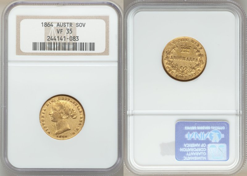 Victoria gold Sovereign 1864-SYDNEY VF35 NGC, Sydney mint, KM4. AGW 0.2353 oz. 
...