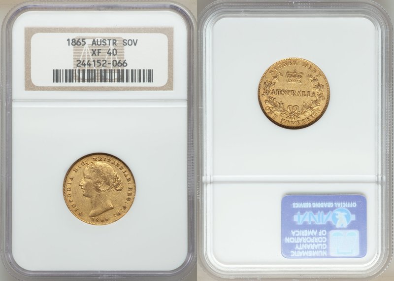 Victoria gold Sovereign 1865-SYDNEY XF40 NGC, Sydney mint, KM4. AGW 0.2353 oz. 
...