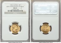 Franz Joseph I gold 10 Corona 1908 MS65 NGC, KM2810. 60th year of reign commemorative.

HID09801242017