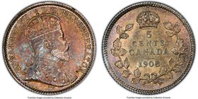 Edward VII "Small 8" 5 Cents 1908 MS63 PCGS, Ottawa mint, KM13. Small 8 variety. Russet and frosted blue toning. 

HID09801242017