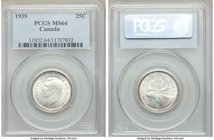 George VI Pair of Certified Assorted 25 Cents PCGS, 1) 25 Cents 1939 - MS64, Royal Canadian mint, KM35. 2) 25 Cents 1948 - MS63, Royal Canadian mint, ...