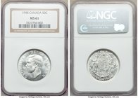 George VI 50 Cents 1948 MS61 NGC, Royal Canadian mint, KM45. Mintage: 37,784. Rarest date of type. Blast white with good cartwheel luster, rub on chee...