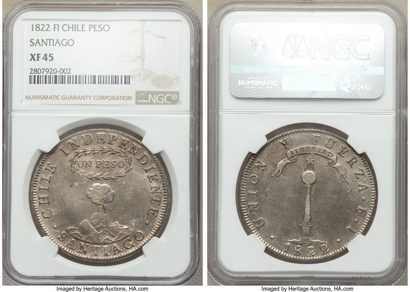 Republic "Volcano" Peso 1822 SANTIAGO-FI XF45 NGC, Santiago mint, KM82.2. Lightl...