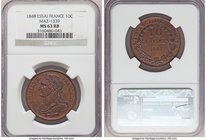 Republic copper Essai 10 Centimes 1848 MS63 Red and Brown NGC, Maz-1339. By Montagny. REPUBLIQUE FRANCAISE head of Liberty left with oak & palm wreath...