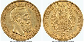 Prussia. Friedrich III gold 20 Mark 1888-A AU55 NGC, Berlin mint, KM515. AGW 0.2305 oz. 

HID09801242017