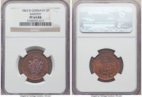 Saxony. Johann 5 Pfennig 1863-B PR64 Red and Brown NGC, KM1218. Scarce in proof, lovely violet toning over mostly red surfaces. 

HID09801242017