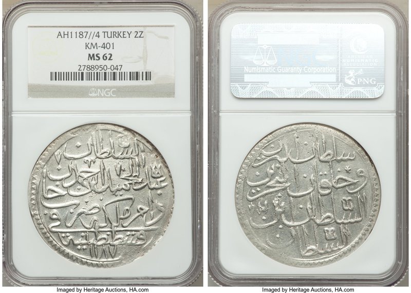 Ottoman Empire. Abdul Hamid I 2 Zolota AH 1187 Year 4 (1777/8) MS62 NGC, Constan...