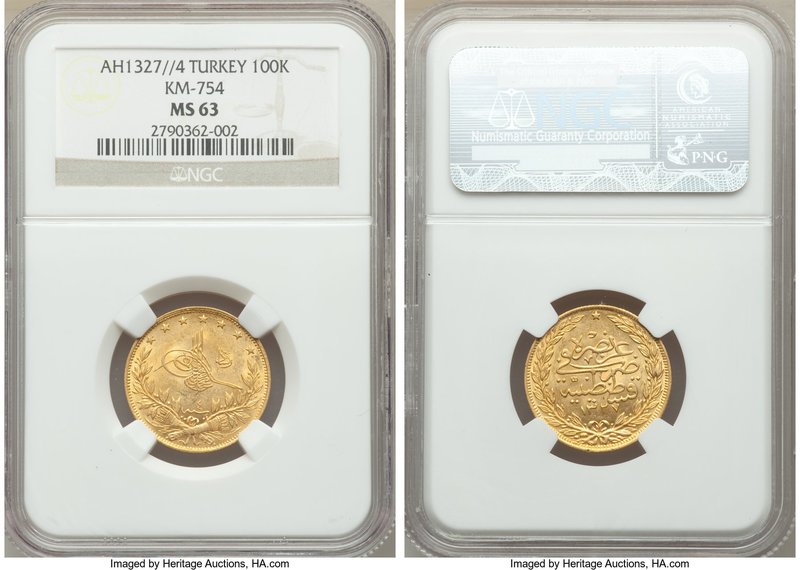 Ottoman Empire. Mehmed V gold 100 Kurush AH 1327 Year 4 (AD 1912/3) MS63 NGC, Co...
