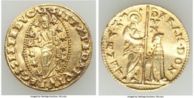 Venice. Francesco Dona gold Ducat ND (1545-1553) XF, Fr-1250. 20.6mm. 3.49gm. FRΛN • DON | • S | • M | • V | E | N | E | T •, Doge kneeling left befor...
