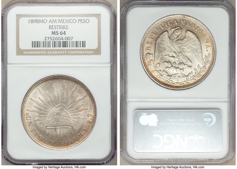 Republic Restrike Peso 1898 Mo-AM MS64 NGC, Mexico City mint, KM409.2. Restrike ...