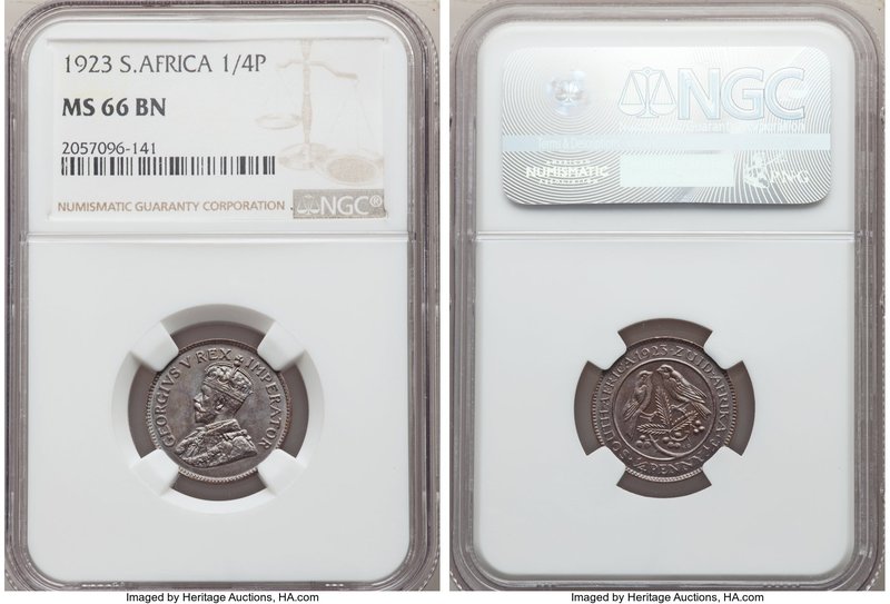 George V 1/4 Penny1923 MS66 Brown NGC, KM12.1. Glossy coffee brown surfaces with...
