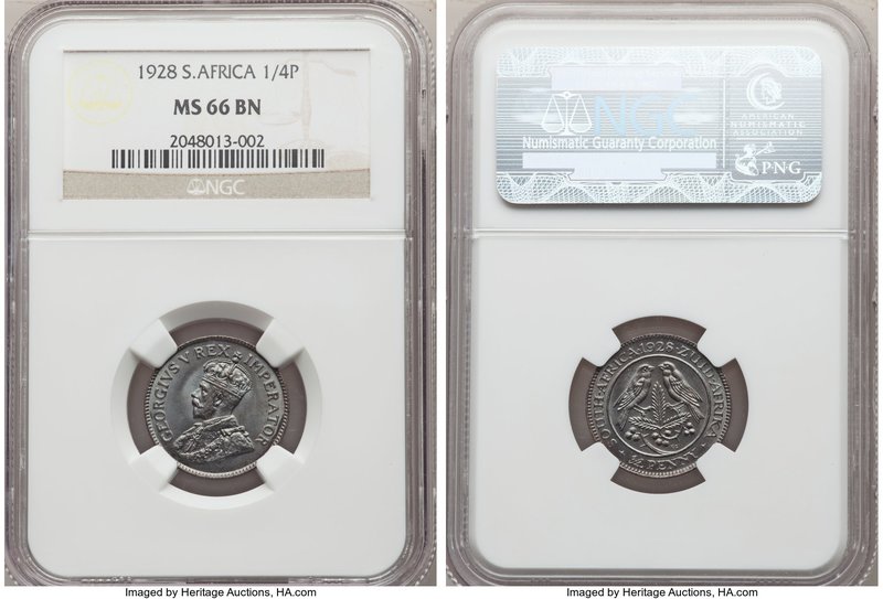 George V 1/4 Penny 1928 MS66 Brown NGC, KM12.2. Dark molasses color draped in li...