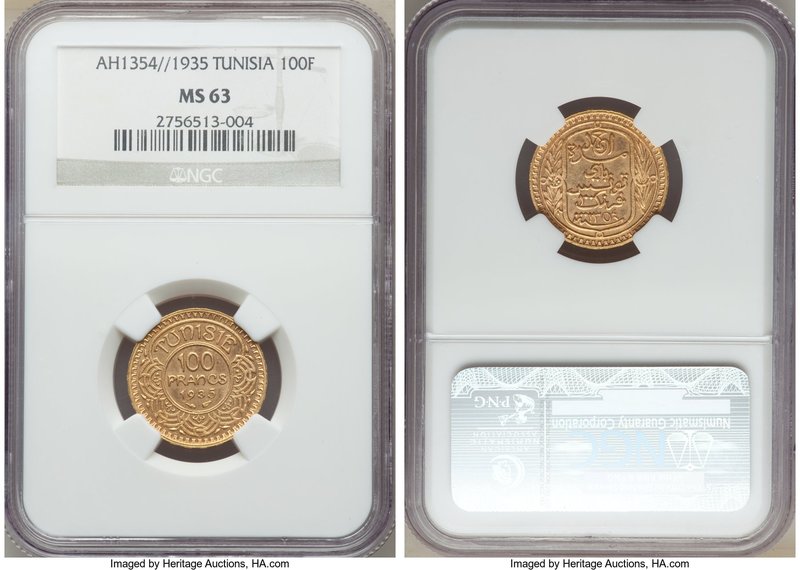 Ahmad Pasha Bey gold 100 Francs AH 1354 (1935)-(a) MS63 NGC, Paris mint, KM257. ...