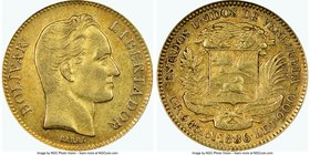 Republic gold 20 Bolivares 1886-(c) XF45 NGC, Caracas mint, KM-Y32. Varieties exist with High and Low 6. Lowest mintage date of type. AGW 0.1867 oz.

...