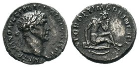 Trajan AR Denarius / Dacia in Mourning. Rome, AD 103-111. IMP TRAIANO AVG GER DAC P M TR P COS V P P, laureate head right / S P Q R OPTIMO PRINCIPI, D...