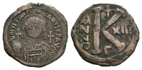 Justinian I. 527-565. Æ Follis 

Condition: Very Fine

Weight: 10.25 gr
Diameter: 28 mm
