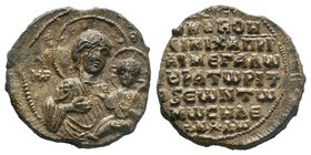 Lead seal of Michael patrikios and great kourator (11th cent.)
Obverse: The bust of the Mother of God, facial, nimbate, with infant Jesus Christ on he...
