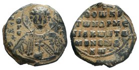 An excellent lead seal of Theodoros Monomachos, krites of the Armeniakoi (11th cent.)
Obverse: The bust of Saint George, facial, nimbate, in military ...