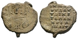 Lead seal of Nikephoros Pastillas (?), the patrikios (11th/12th cent.)
Obverse: The bust of archangel Michael, facial, nimbate, in military garments, ...