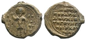 Lead seal of Theodoros Chetames (Thoros, son of Hetoum), doux and strategos (end of 11th cent.).
Obverse: Saint Theodore stratelates, nimbate, standin...