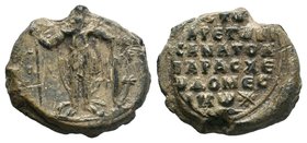 Lead seal of Philaretos Ikanatos domestikos (11th cent.). 
Obverse: Saint George, nimbate, standing facing (his head missing as of off-center sealing)...