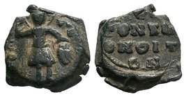 An uncertain byzantine lead seal (ca 11th/12th cent.)
Obverse: Saint Theodore, nimbate, standing facing, holding a spear in his right hand, and restin...