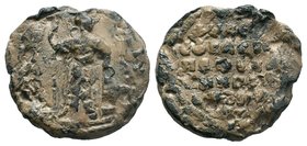 An uncertain byzantine lead seal (ca 11th/12th cent.)
Obverse:A military saint, nimbate, standing facing, holding a spear in his right hand, and resti...