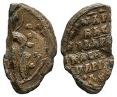 Byzantine lead seal of Marchabas protoproedros (?) (ca 11th/12th cent.)
Obverse: Saint Theodore, nimbate, standing facing, holding a spear in his righ...