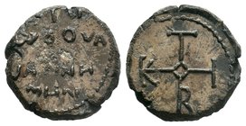 Byzantine lead seal of Ioannes Rodouas (?)
(7th/8th cent.)

Obverse: Invocative cruciform monogram: ΘΕΟΤΟΚΕ ΒΟΗΘΕΙ = Θεοτόκε, βοήθει (Mother of God, h...