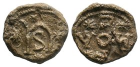 Byzantine lead seal of Kosmas asekretes
(first half of 7th cent.)

Obverse: Five letters in cruciform shape: ΚΟCΜΑ= Κοσμᾶ (Of Kosmas), all within wrea...