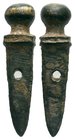 Ancient Roman Bronze gladius / sword pendant - Military amulet. C. 1st / 3th AD.

Condition: Very Fine

Weight: 3.77 gr
Diameter: 31.26 mm