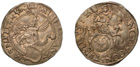 CARMAGNOLA. Michele Antonio di Saluzzo (1504-1528) - Cornuto.
Stemma sormontato da elmo coronato e con cimiero. R/
 S. Costanzo a cavallo. CNI. 53....