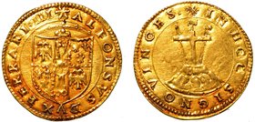 FERRARA. Alfonso d'Este (1505-1534) - Scudo d'oro del sole. Stemma coronato. R/ Il Calvario con croce, lancia e asta con spugna. MIR. 269.
g. 3,34
 ...
