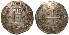 GENOVA. Dogi Biennali (1528-1797). Scudo 1627.
Castello coronato; ai lati, due crocette e, sotto, 1627.
R/ Croce patente accantonata da stelle a sei...
