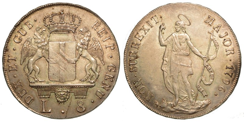 GENOVA. Dogi Biennali (1528-1797) - 8 lire 1796. Stemma coronato, tra due grifi....