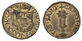 MANTOVA. Carlo II Gonzaga Nevers. Reggenza della madre Maria (1637-1647). Soldo s.d.
Stemma coronato. R/ Pisside.
 CNI.33.
 Mir. 684.
 g, 2,82
mi...