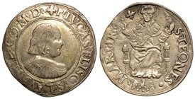 MESSERANO. Pierluca Fieschi (1528-1548) – Testone. Busto a d. R/ S. Teonesto seduto.
CNI. 10.
 MIR. 709.
g. 8,80
 Rara
 arg
q.SPL