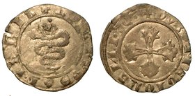 MILANO. Filippo Maria Visconti (1412-1447) -
Sesino. Biscia coronata; sopra la corona, globetto. Croce fogliata.
 Crippa 10. CNI 174/187
 g.
1,05...
