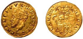 MILANO.
Filippo II di Spagna (1556-1598) - Scudo d’oro. Testa radiata a s. R/ Stemma inquartato con l'aquila e la biscia sormontato da corona da cui ...