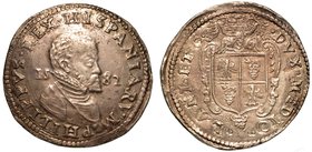 MILANO.
Filippo II di Spagna (1556-1598) - Scudo d'argento 1582. Busto corazzato, a testa nuda a d., con goletta increspata e sul petto collare del T...