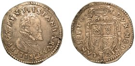 MILANO.
 Filippo II di Spagna (1554-1598) - Scudo
s.d. Busto corazzato a d. R/ Stemma inquartato con l'aquila e la biscia sormontato da corona da cu...