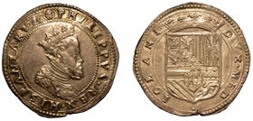 MILANO.
 Filippo II di Spagna (1554-1598) - Mezzo scudo d'argento s.d.. Busto coronato a d., corazzato, con goletta increspata e con manto fermato su...