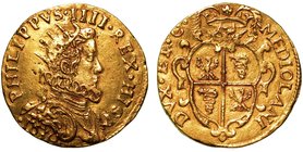 MILANO.
 Filippo IV di Spagna (1621-1665) - Doppia da due o quadrupla 1630. Busto corazzato e radiato a d. R/ Stemma inquartato con l'aquila e la bis...