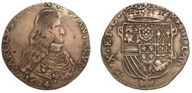 MILANO.
Carlo II di Spagna (1675-1700) -
Mezzo filippo 1694. Busto maturo a d., corazza ornata da sciarpa e con spallaccio leonino, sul petto il col...