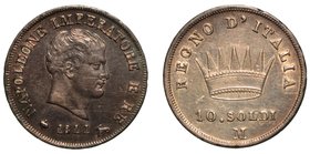 MILANO. Napoleone I (1805-1814) - Da 10 soldi 1811. Testa nuda a d. R/ Corona ferrea radiata, posta sopra il valore. Crippa 35/D.
 g. 2,49
Lievi irr...