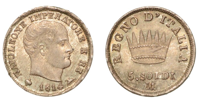MILANO. Napoleone I (1805-1814) - 5 soldi 1814. Busto a d. R/ Corona. Crippa 37/...