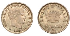 MILANO. Napoleone I (1805-1814) - 5 soldi 1814. Busto a d. R/ Corona. Crippa 37/G
g. 1,26
 arg
SPL/q.FDC